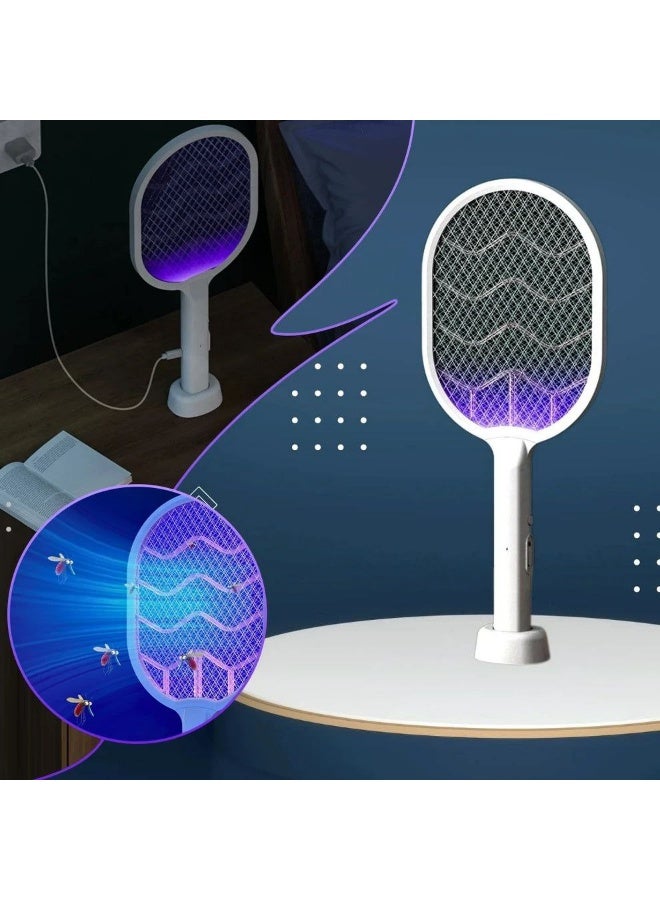 Rechargeable electric mosquito swatter with a base, LED flashlight, and insect-attracting lights. - Image 2