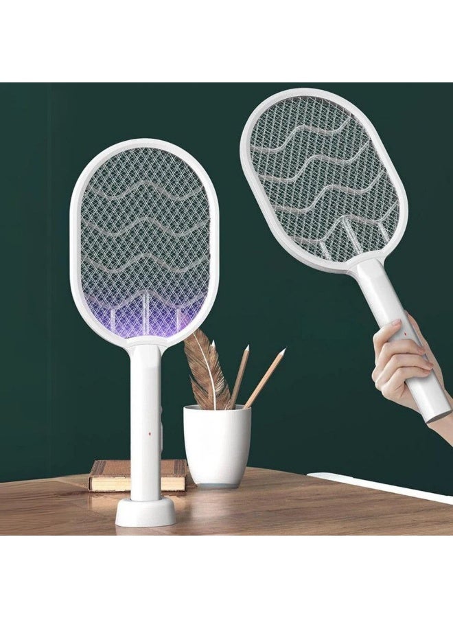 Rechargeable electric mosquito swatter with a base, LED flashlight, and insect-attracting lights. - Image 3