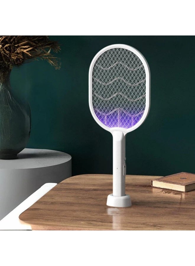 Rechargeable electric mosquito swatter with a base, LED flashlight, and insect-attracting lights. - Image 1