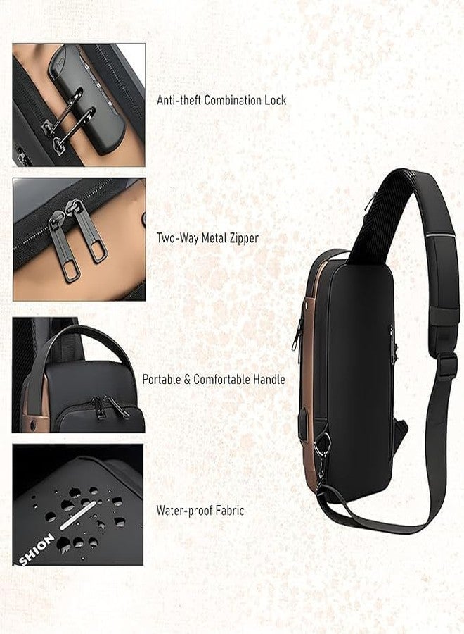 Gemcza Waterproof Anti-theft Crossbody Bag With Password Zipper Lock & USB Charging Port, Men's Shoulder Chest Daypack Bag Travel Hiking Sling Backpack - Image 5