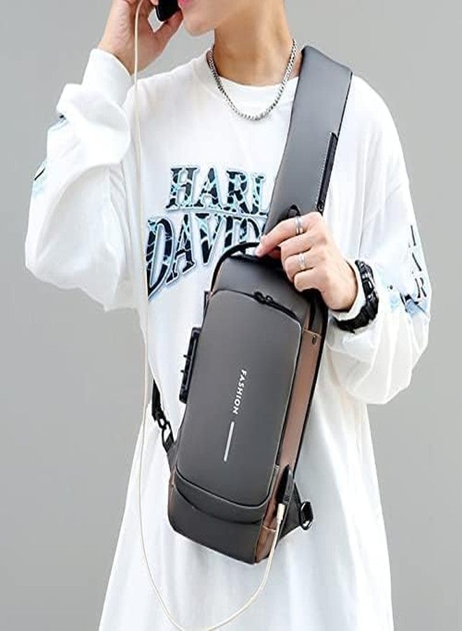 Gemcza Waterproof Anti-theft Crossbody Bag With Password Zipper Lock & USB Charging Port, Men's Shoulder Chest Daypack Bag Travel Hiking Sling Backpack - Image 2