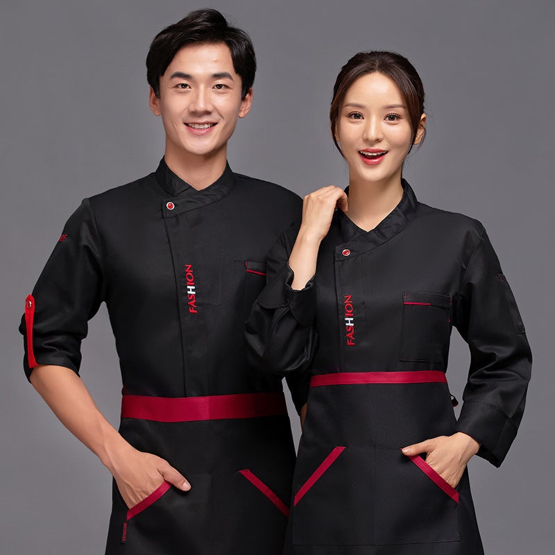 Canteen Chefs Clothes Restaurant Dining Overalls Mens and Womens Breathable Kitchen Hotel Western Restaurant Chefs Clothes Long Sleeve Printing Black single top 