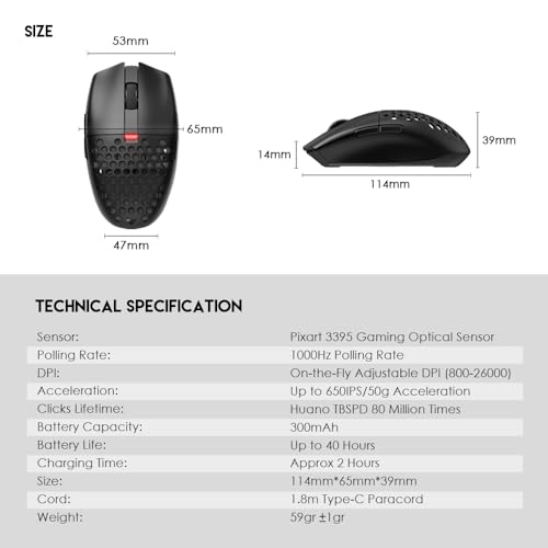 FANTECH ARIA XD7 Wireless Gaming Mouse Pixart 3395 Gaming Sensor 26000 DPI, HUANO Switches, Super Lightweight 59 Grams and Ambidextrous Egg Shape, 3 Mode Connectivity, Black - Image 5