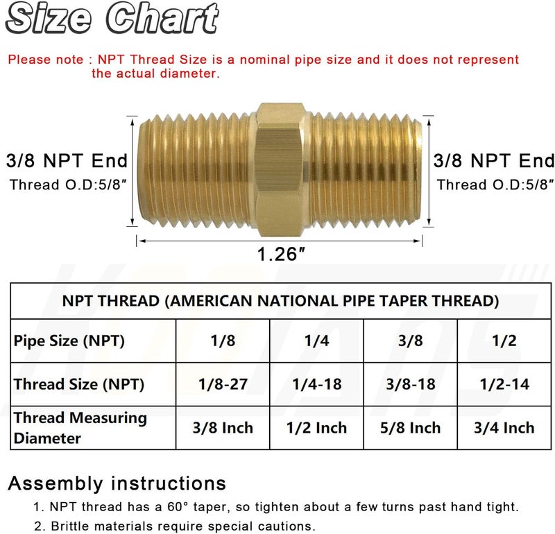 KOOTANS 3/8 NPT x 3/8 NPT Male Solid Brass Nipples Heavy Brass Pipe Adapter Fittings Equal Hex Nipple Connectors 4Pieces - Image 2