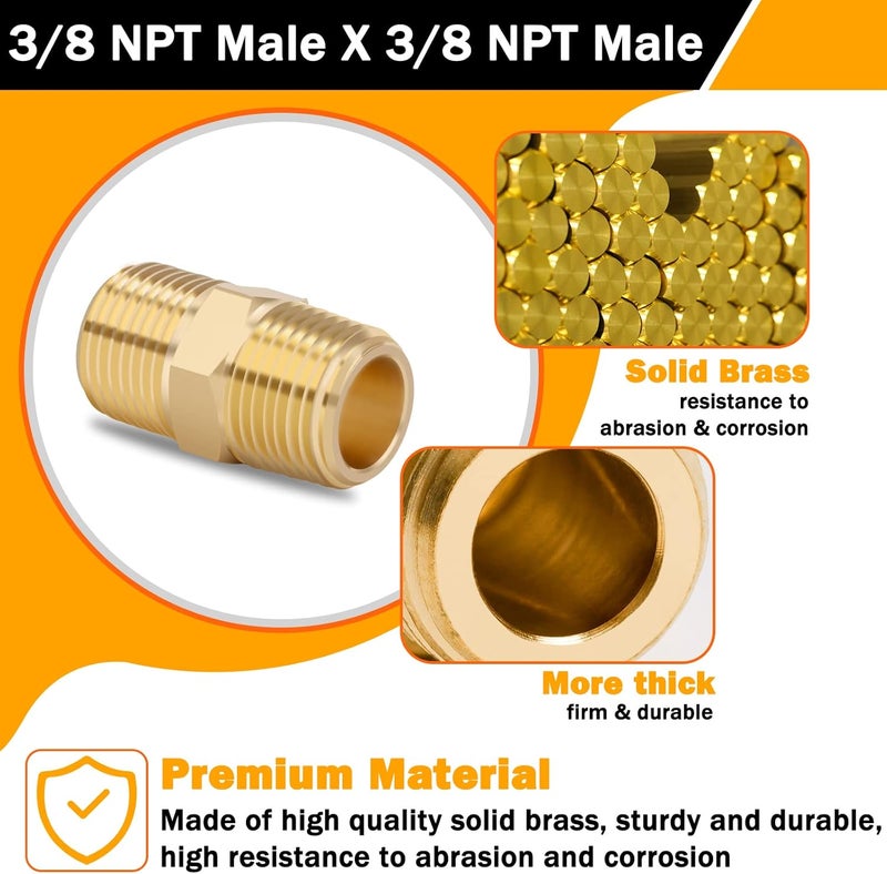 KOOTANS 3/8 NPT x 3/8 NPT Male Solid Brass Nipples Heavy Brass Pipe Adapter Fittings Equal Hex Nipple Connectors 4Pieces - Image 3