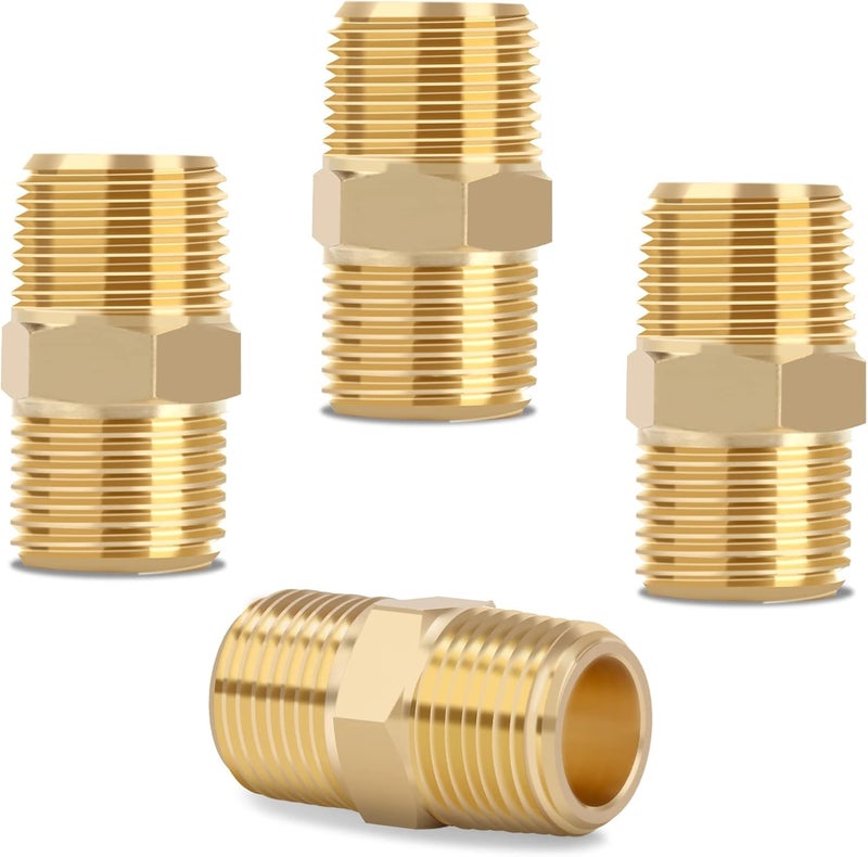 KOOTANS 3/8 NPT x 3/8 NPT Male Solid Brass Nipples Heavy Brass Pipe Adapter Fittings Equal Hex Nipple Connectors 4Pieces - Image 1