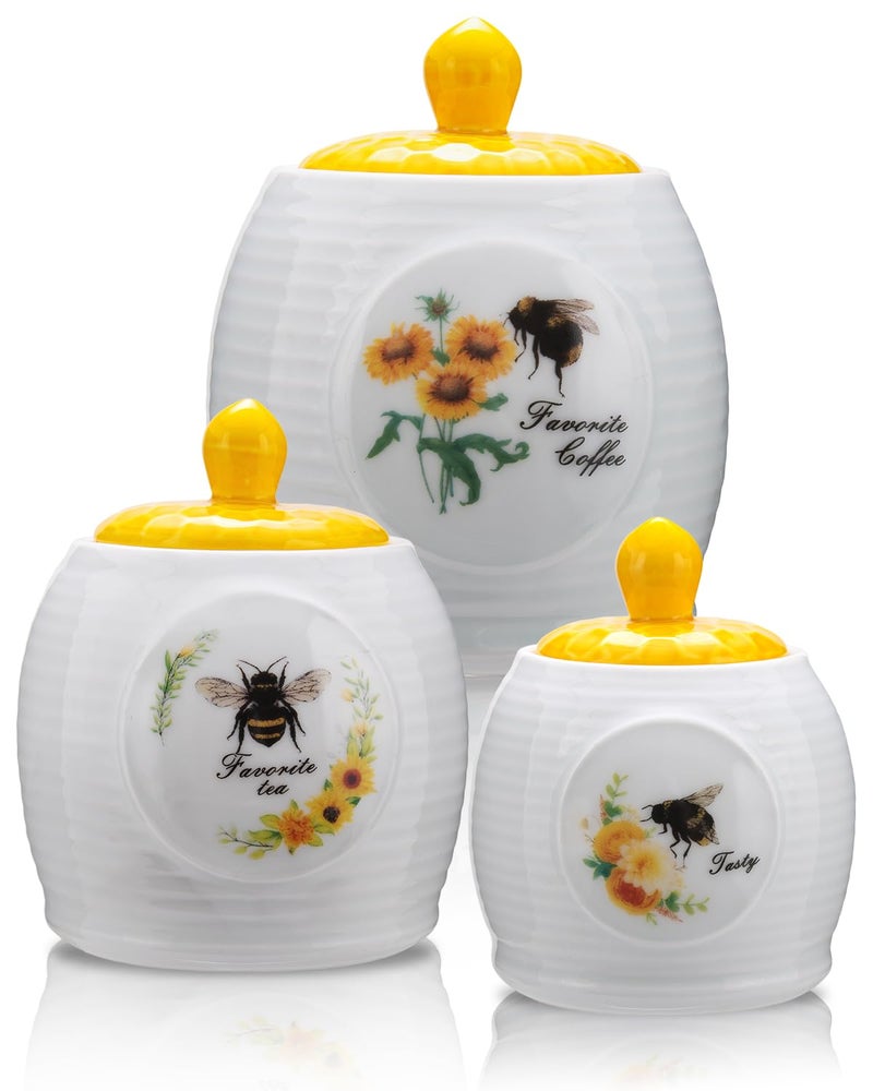 Prefdo Kitchen Storage Canisters Honey Bee & Flower Pattern Ceramic Tea Coffee Sugar Canisters Set Storage Jar with Airtight Lid for Home Modern Kitchen, Set of 3 - Image 1