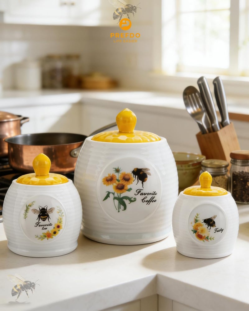 Prefdo Kitchen Storage Canisters Honey Bee & Flower Pattern Ceramic Tea Coffee Sugar Canisters Set Storage Jar with Airtight Lid for Home Modern Kitchen, Set of 3 - Image 2
