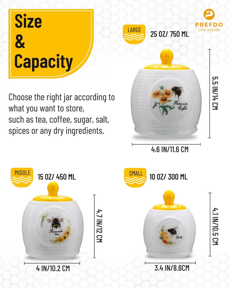 Prefdo Kitchen Storage Canisters Honey Bee & Flower Pattern Ceramic Tea Coffee Sugar Canisters Set Storage Jar with Airtight Lid for Home Modern Kitchen, Set of 3 - Image 3