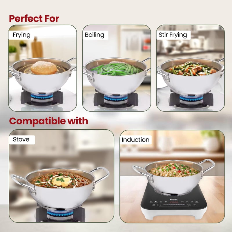 Kuber Industries 2.2L Stainless Steel Triply Frying Pan | Kadai for Cooking with Handle & Lid | Deep Fry Cookware Wok for Kitchen | Gas & Induction Base Cooking Chinese Karahi | Silver - Image 4