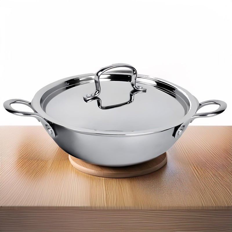 Kuber Industries 2.2L Stainless Steel Triply Frying Pan | Kadai for Cooking with Handle & Lid | Deep Fry Cookware Wok for Kitchen | Gas & Induction Base Cooking Chinese Karahi | Silver - Image 1