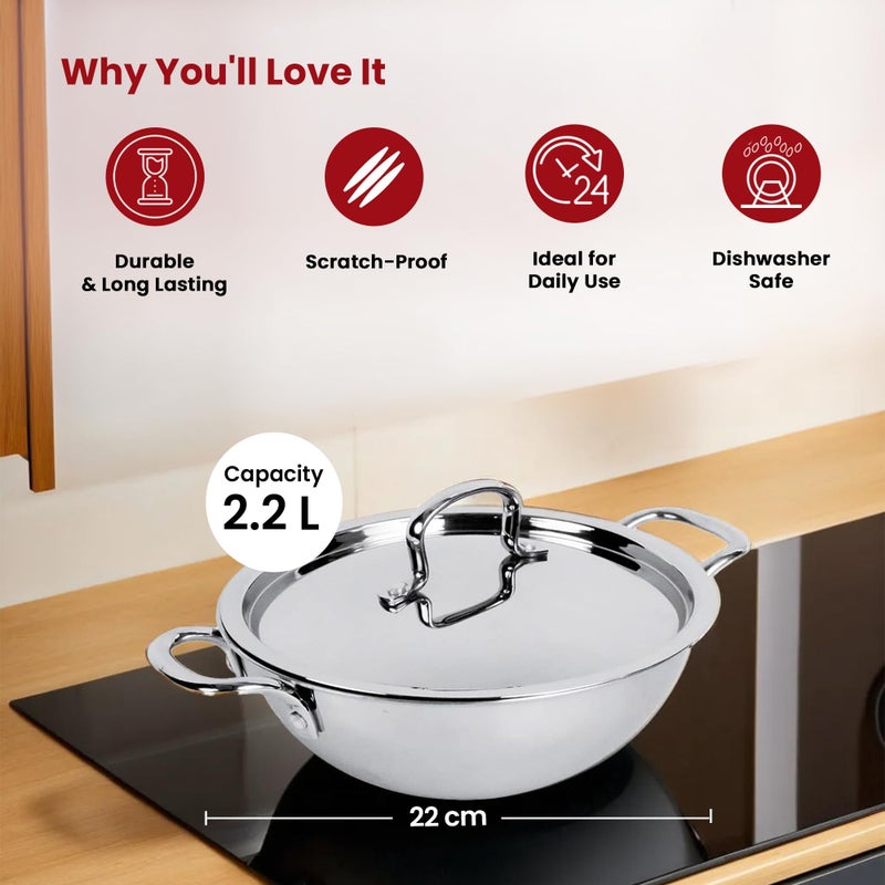 Kuber Industries 2.2L Stainless Steel Triply Frying Pan | Kadai for Cooking with Handle & Lid | Deep Fry Cookware Wok for Kitchen | Gas & Induction Base Cooking Chinese Karahi | Silver - Image 3