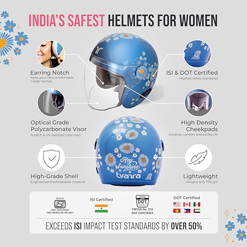 TVARRA Daisy Women's Open Face Helmet for Scooty & Bike | Lightweight 750g | Stylish Floral Design with Clear Visor | Designed for Ladies & Girls | ISI & DOT Certified (Night Sky Blue,M) - Image 5