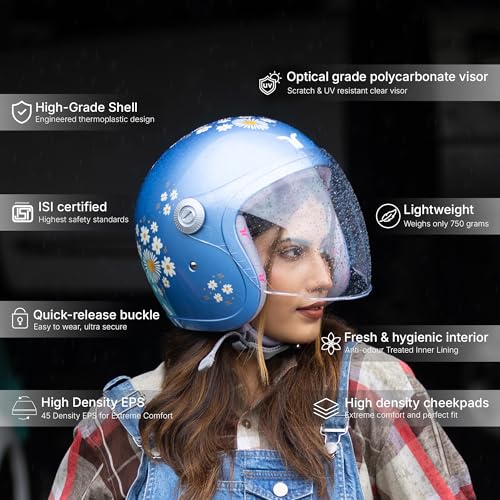 TVARRA Daisy Women's Open Face Helmet for Scooty & Bike | Lightweight 750g | Stylish Floral Design with Clear Visor | Designed for Ladies & Girls | ISI & DOT Certified (Night Sky Blue,M) - Image 2