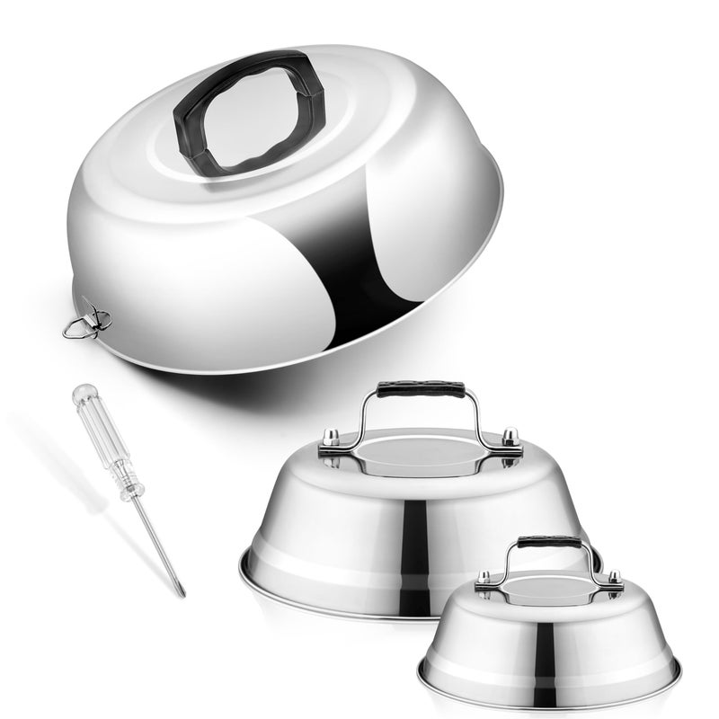Cheese Melting Dome Set of 3 Leonyo 12965 Metal Steam Basting Cover for Griddle Grill Heavy duty Stainless Steel Griddle Accessories for BBQ Flat Top Kitchen Cooking Hamburger Heat Proof Grip