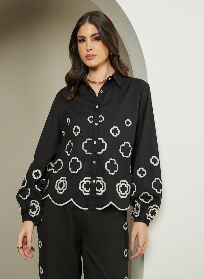 Styli Embroidered Schiffli Balloon Sleeve Collared Shirt - Image 1