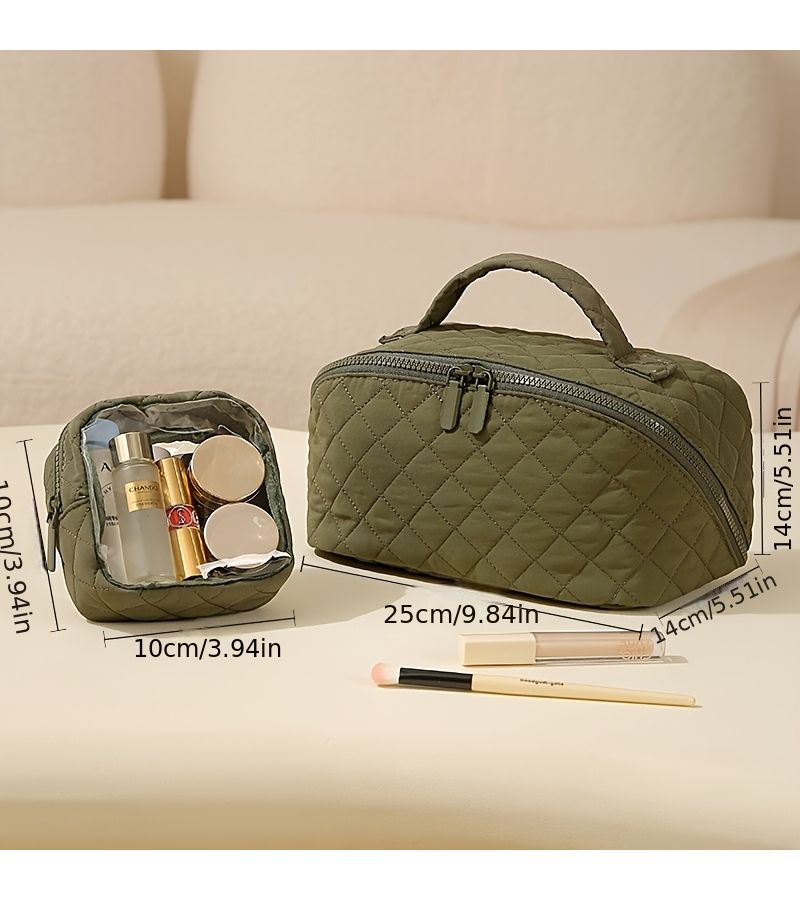 Pink Checkered Travel Toiletry Organizer Large Capacity Cosmetic Bag Set - Image 4