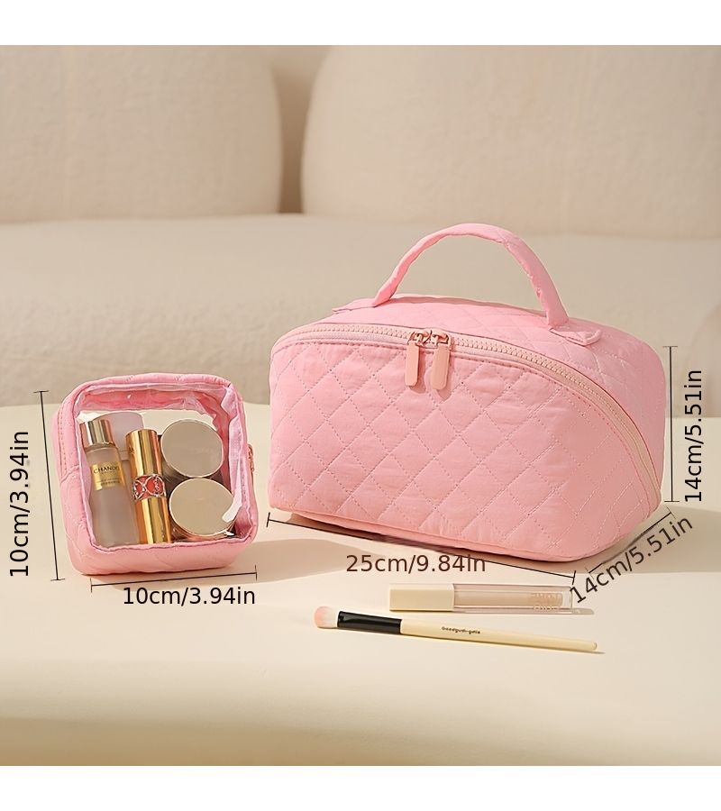 Pink Checkered Travel Toiletry Organizer Large Capacity Cosmetic Bag Set - Image 1