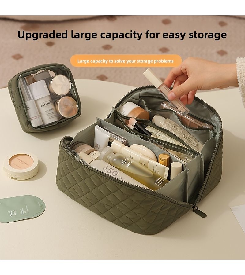 Pink Checkered Travel Toiletry Organizer Large Capacity Cosmetic Bag Set - Image 3