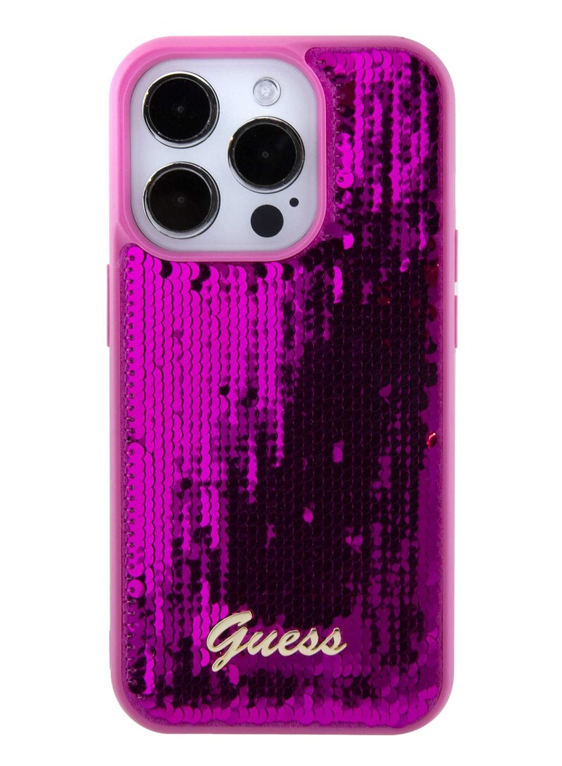 GUESS iPhone 15 Promax Hard Case Sequin Script Back Cover with Guess Metal Logo / Damage and Scratch Protection - Puschia - Image 1
