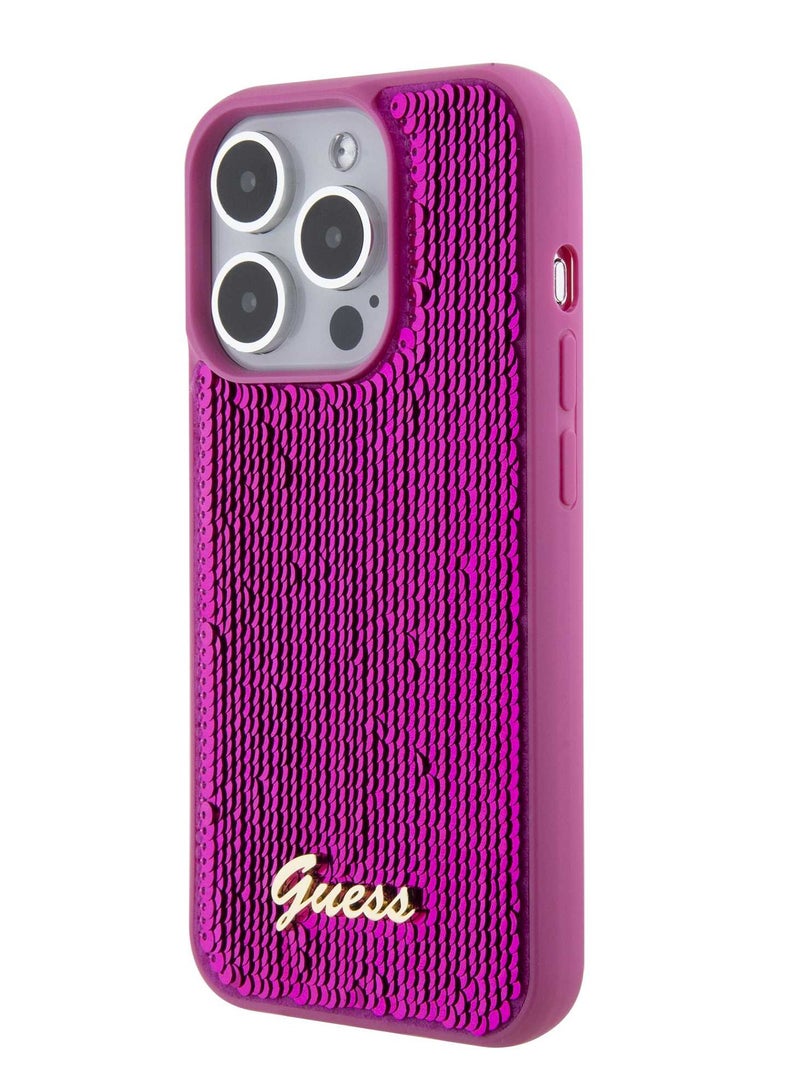GUESS iPhone 15 Promax Hard Case Sequin Script Back Cover with Guess Metal Logo / Damage and Scratch Protection - Puschia - Image 3