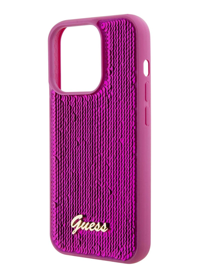 GUESS iPhone 15 Promax Hard Case Sequin Script Back Cover with Guess Metal Logo / Damage and Scratch Protection - Puschia - Image 4