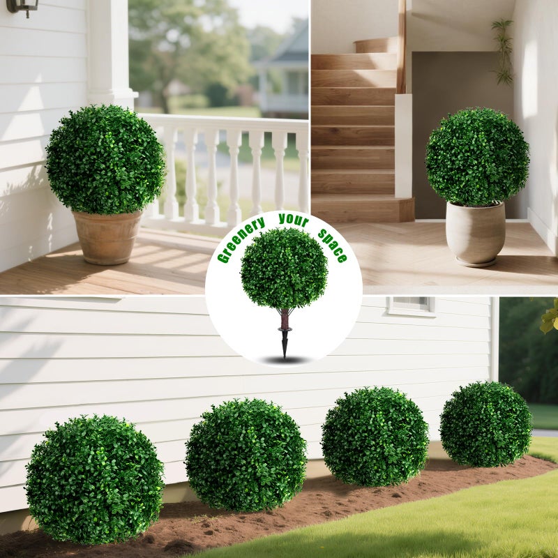 Yangrass Artificial Boxwood Topiary Ball Tree Set of 2, UV Resistant Artificial Outdoor Shrubs with Spike, Decorative Evergreen Fake Topiary Bushes Plant for Front Porch Garden - Image 4