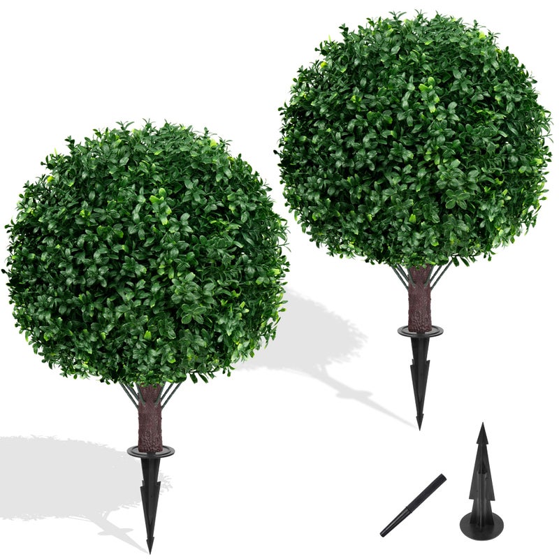 Yangrass Artificial Boxwood Topiary Ball Tree Set of 2, UV Resistant Artificial Outdoor Shrubs with Spike, Decorative Evergreen Fake Topiary Bushes Plant for Front Porch Garden - Image 1