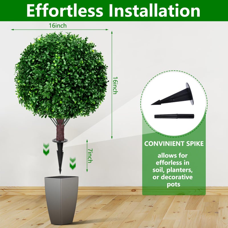 Yangrass Artificial Boxwood Topiary Ball Tree Set of 2, UV Resistant Artificial Outdoor Shrubs with Spike, Decorative Evergreen Fake Topiary Bushes Plant for Front Porch Garden - Image 5