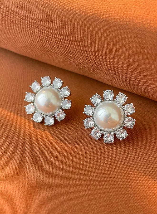 Take Two Take Two Silver Floral Decor Embellished Earrings with Faux Pearl