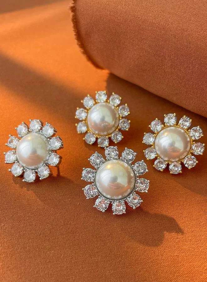 Take Two Take Two Silver Floral Decor Embellished Earrings with Faux Pearl