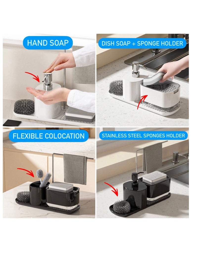 SYOSI Sponge Holder, Hand and Dish Soap Dispenser Set with Tray, Dishcloth Holder, Hand Dispenser Organizer, 6-in-1 Organizer Kitchen Gadgets, for Kitchen Sink Countertop Storage  - Image 2