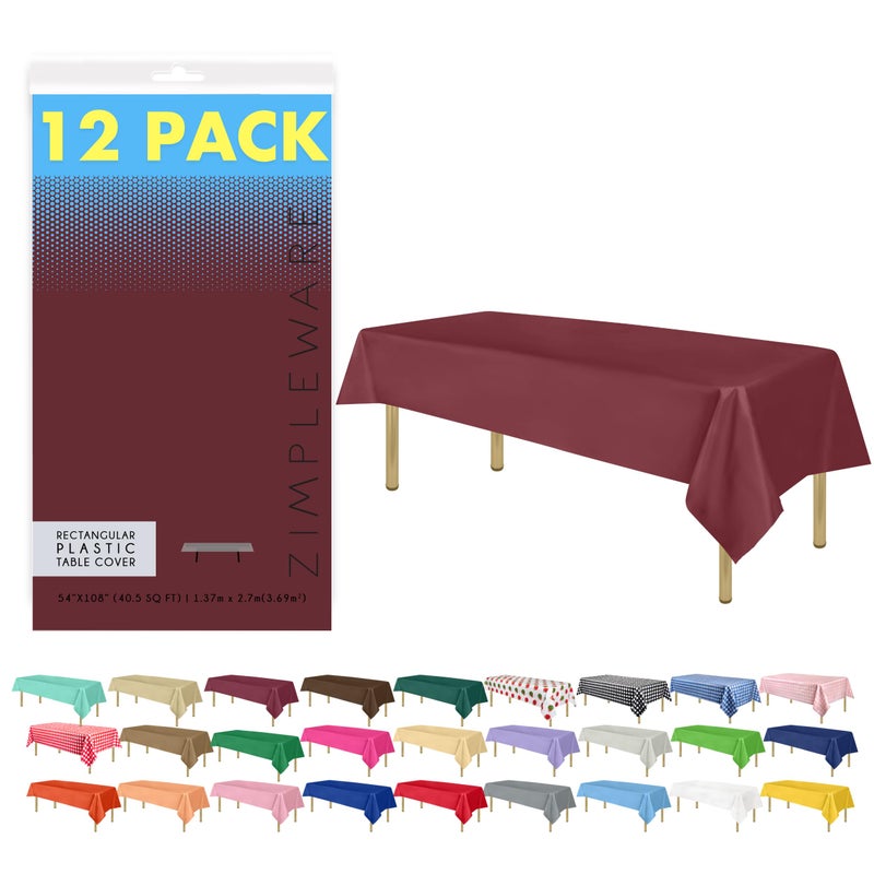 ZIMPLEWARE Premium Burgundy Plastic Table Cloth Disposable 12 Pk Plastic Tablecloths for Rectangle Tables 54in x 108in Party Table Cloths Disposable for 6ft to 8ft Rectangle Tables