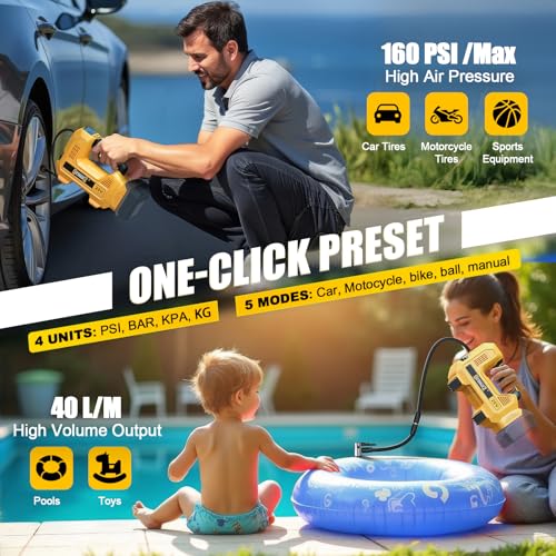 DIYtoolifz 160PSI Cordless Tire Inflator Compatible with Dewalt 20V Air Compressor, Portable Air Pump Automatic Shut Off, LED Light, Digital Pressure Gauge for Cars Motorcycles Bike Ball(Bare Tool) - Image 5