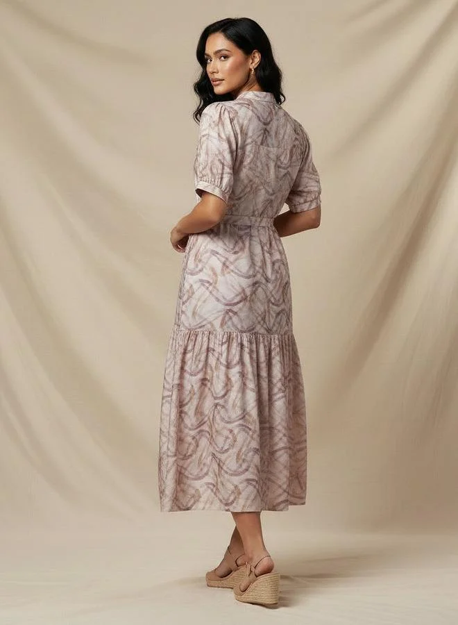 Splash FAV Tiered Midi Viscose Belted Dress with Abstract Print