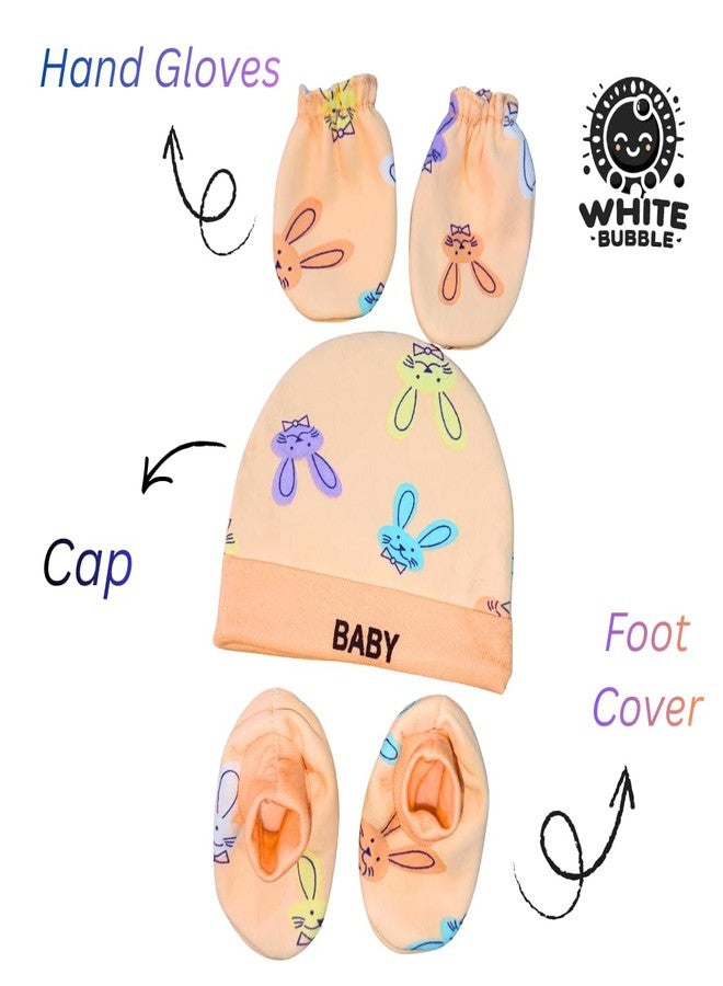 White Bubble Baby Winter Combo Set 0-12 Months | Anti-Cold Woolen Filled Cap Mitten Booties | For Boys & Girls | Multicolor | Pack of 3 | Pink, Peach & blue | Random Color & Design - Image 2