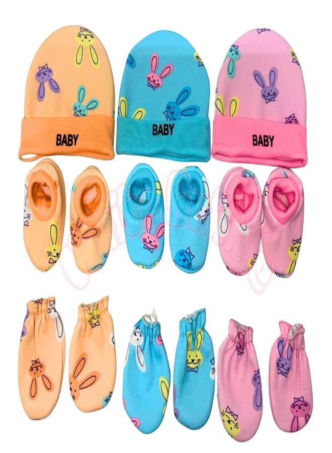 White Bubble Baby Winter Combo Set 0-12 Months | Anti-Cold Woolen Filled Cap Mitten Booties | For Boys & Girls | Multicolor | Pack of 3 | Pink, Peach & blue | Random Color & Design - Image 1