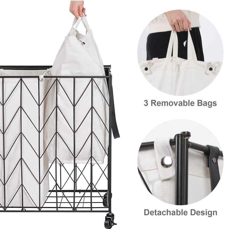 WOWLIVE Laundry Basket with Wheels, 142L Laundry Hamper 3 Section with Lid, Dirty Clothes Hamper with Removable Bags, Large Capacity Iron-Made Laundry Basket Organizer Laundry Sorter for Dorm, Beige - Image 5