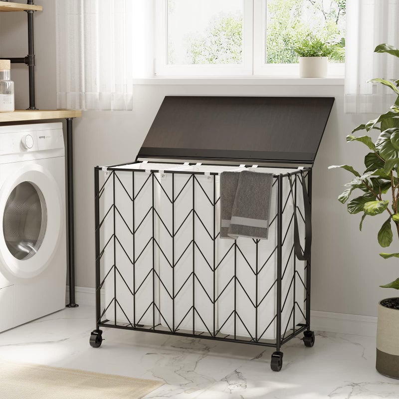 WOWLIVE Laundry Basket with Wheels, 142L Laundry Hamper 3 Section with Lid, Dirty Clothes Hamper with Removable Bags, Large Capacity Iron-Made Laundry Basket Organizer Laundry Sorter for Dorm, Beige - Image 2