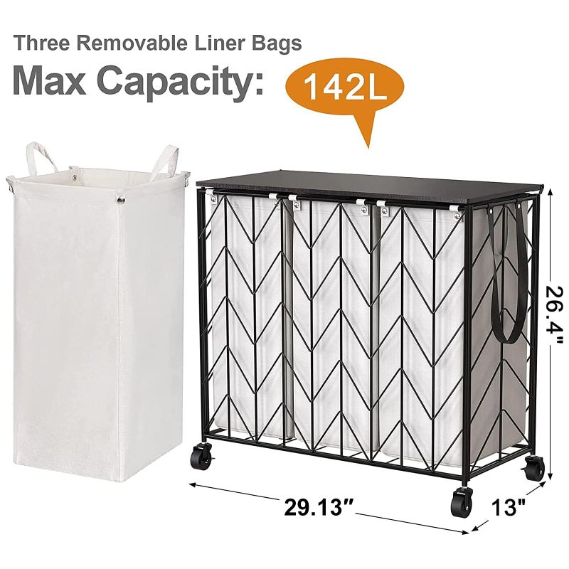 WOWLIVE Laundry Basket with Wheels, 142L Laundry Hamper 3 Section with Lid, Dirty Clothes Hamper with Removable Bags, Large Capacity Iron-Made Laundry Basket Organizer Laundry Sorter for Dorm, Beige - Image 4