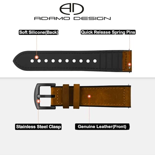 ADAMO 22MM Leather Silicone Straps Compatible With Samsang Galaxy Watch 3 45MM, Quick Release Watch Band For Fosil Gen 6/One-Plus (46MM)/ Colorfit All 22MM Wristwatch And Smartwatches P33BLE02, Brown - Image 2
