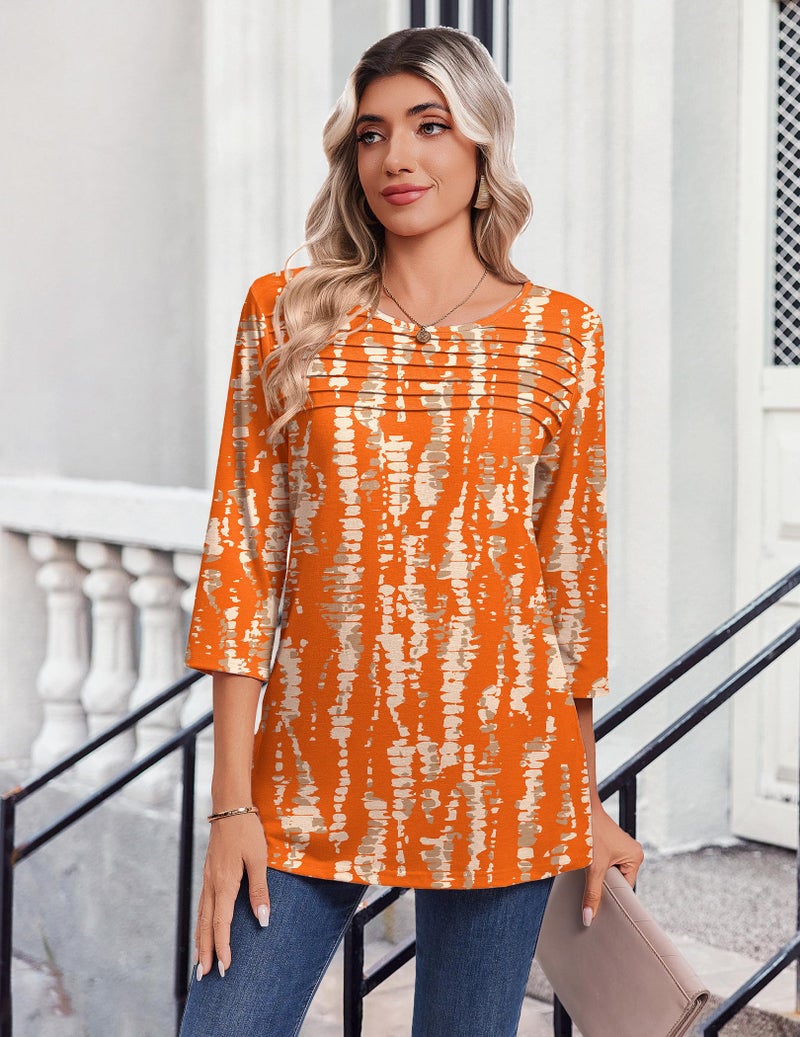 Zeagoo Business Casual Outfits for Women 3/4 Sleeve Tops Printed Round Neck Spring Clothes Dressy Ladies Blouse Pleated Tunic - Image 3