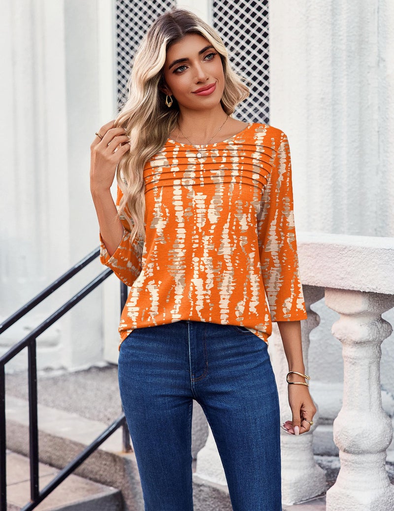 Zeagoo Business Casual Outfits for Women 3/4 Sleeve Tops Printed Round Neck Spring Clothes Dressy Ladies Blouse Pleated Tunic - Image 4