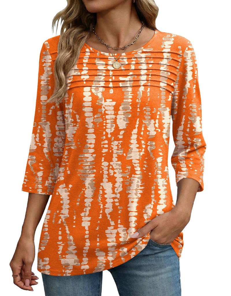 Zeagoo Business Casual Outfits for Women 3/4 Sleeve Tops Printed Round Neck Spring Clothes Dressy Ladies Blouse Pleated Tunic - Image 1