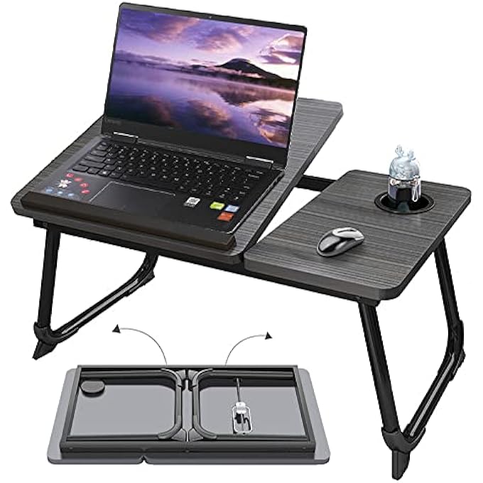 rayihni FOLDABLE LAPTOP DESK, PORTABLE LAPTOP BED TRAY TABLE ADJUSTABLE HEIGHT TILT LAP DESK STAND NON-SLIP TABLET WITH CUP HOLDER LAPDESK WORK READING STUDY EATING COMPUTER TABLE DESKFOLDING FOR SOFA COUCH - Image 1