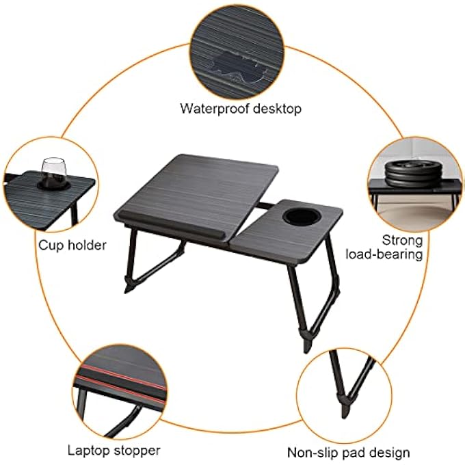 rayihni FOLDABLE LAPTOP DESK, PORTABLE LAPTOP BED TRAY TABLE ADJUSTABLE HEIGHT TILT LAP DESK STAND NON-SLIP TABLET WITH CUP HOLDER LAPDESK WORK READING STUDY EATING COMPUTER TABLE DESKFOLDING FOR SOFA COUCH - Image 3