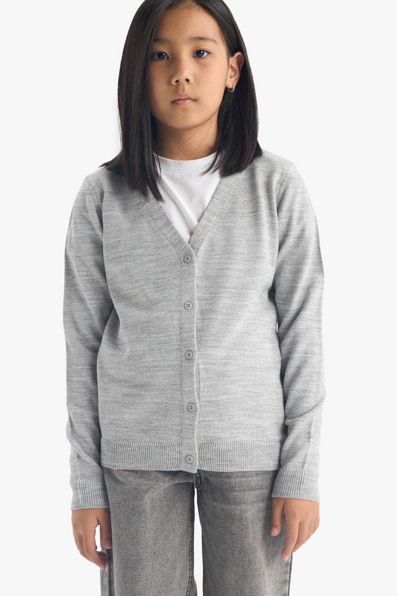DeFacto Grey Girl Girl Standard Fit Buttoned V-Neck Cardigan Casual - Image 5