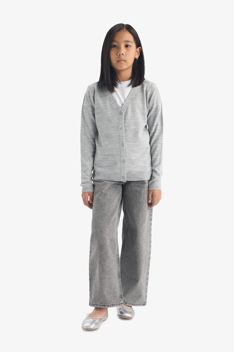 DeFacto Grey Girl Girl Standard Fit Buttoned V-Neck Cardigan Casual - Image 4
