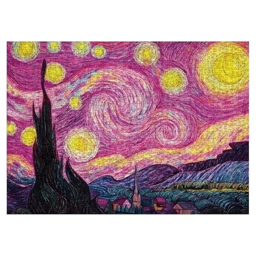 Larkipuzz Art Starry Night Painting Puzzles for Adults 1000 Pieces Challenging Van Gogh Landscape Plant Tree Jigsaw Puzzles Difficult Aesthetic Pink Nature Moon Puzzle - Image 5