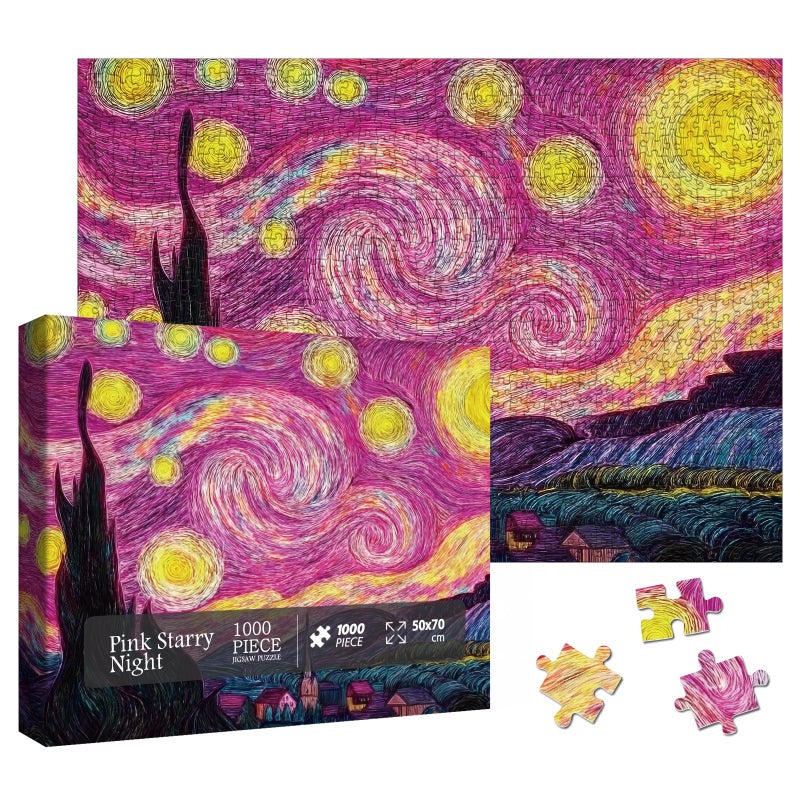 Larkipuzz Art Starry Night Painting Puzzles for Adults 1000 Pieces Challenging Van Gogh Landscape Plant Tree Jigsaw Puzzles Difficult Aesthetic Pink Nature Moon Puzzle - Image 3